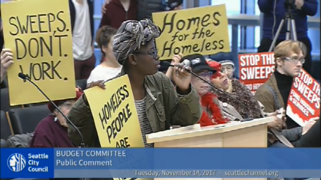 Housing For All protester pushes HOMES proposal at November 14, 2017 budget meeting. They hold "Stop The Sweeps" and "Homes for the Homeless" signs.