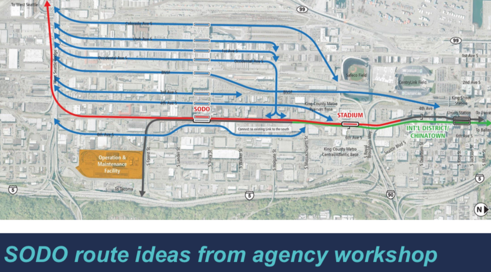 A plethora of SoDo routing concepts have been proposed, but most didn't make the cut. (Sound Transit)
