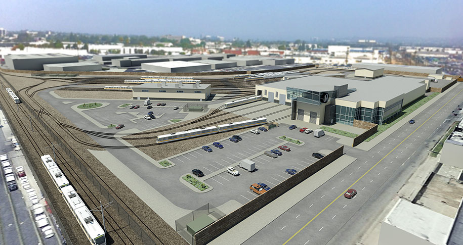 The Southwest Yard project consists of a secured maintenance facility serving multiple light rail lines. The trains will connect the Metro Rail network to Los Angeles International Airport. (Photo credit: Hensel Phelps)