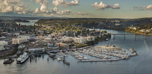 Bird's eye view of downtown Bremerton with the marina and some midrise buildings in the foreground.