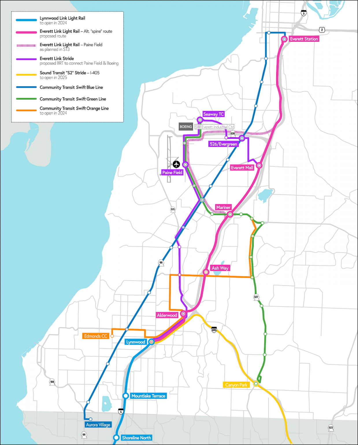 A First Peek at Proposed Everett Link Light Rail Alignments - The Urbanist