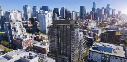 A rendering of the 19-story proposal with Belltown and Downtown skyline in the background.