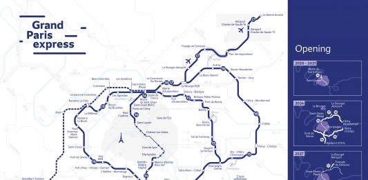 A map of the Grand Paris express with four maps showing different stages of completion on the right side.