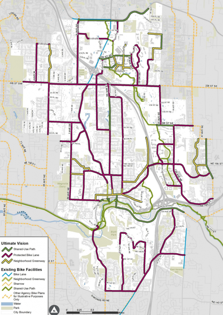 A network of bike paths in Bothell, with shared use paths and protected bike lanes crossing the city and some neighborhood greenways providing connections between them