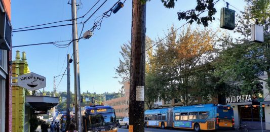 Two northbound buses line up outside Lucky Pho on Fremont Avenue with another southbound Route 62 across the street.