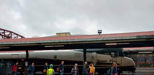 Passengers deboarding an Amtrak train at Portland's Union Station.