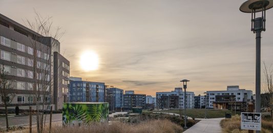 An evening shot of Esterra Park on NE Turing St