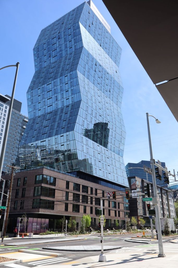 The glass tower is shaped like a crinkle cut French fry.