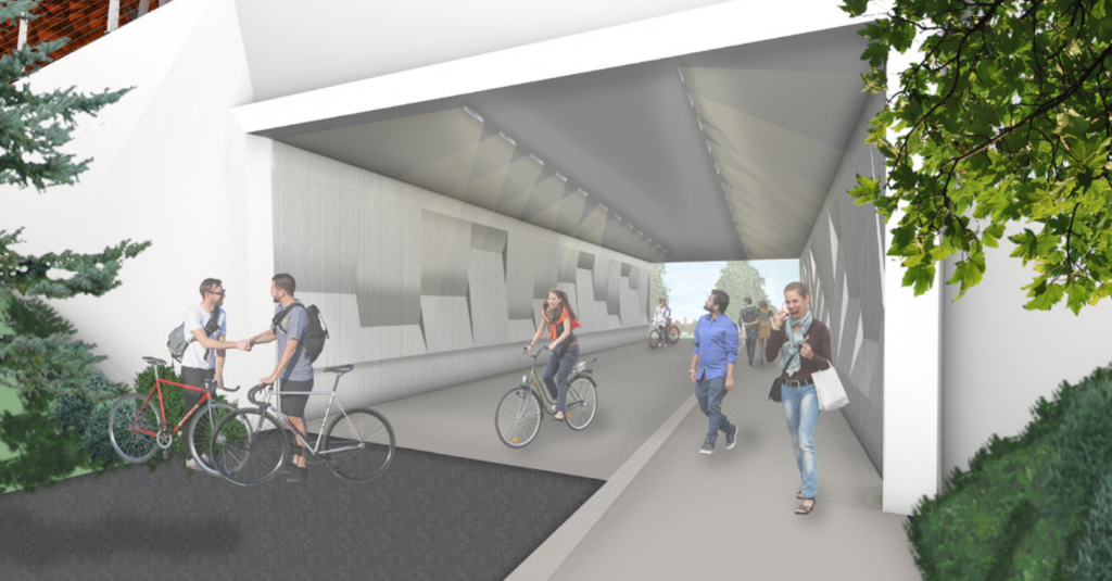 A rendering shows three people biking and three walking on the trail through the tunnel.