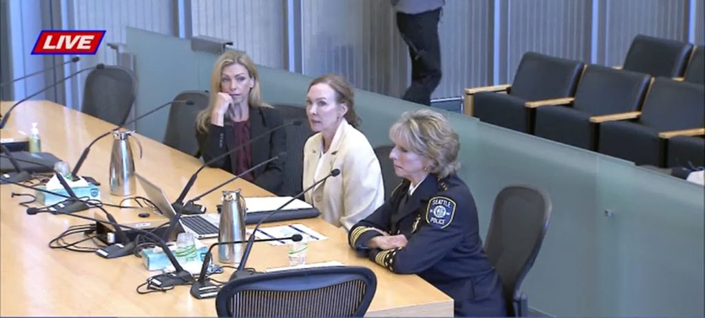 Sue Rahr, City Attorney Ann Davison, and Amy Smith (last name is now Barden), the CARE head presented to Seattle City Council's public safety committee.