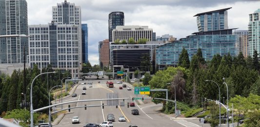 The 10 lanes of 8th Avenue as it interchanges with I-405 and heads into downtown Bellevue