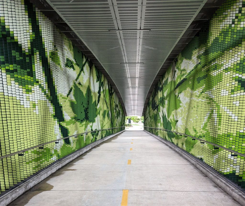 A green interior at the overlake ped bridge