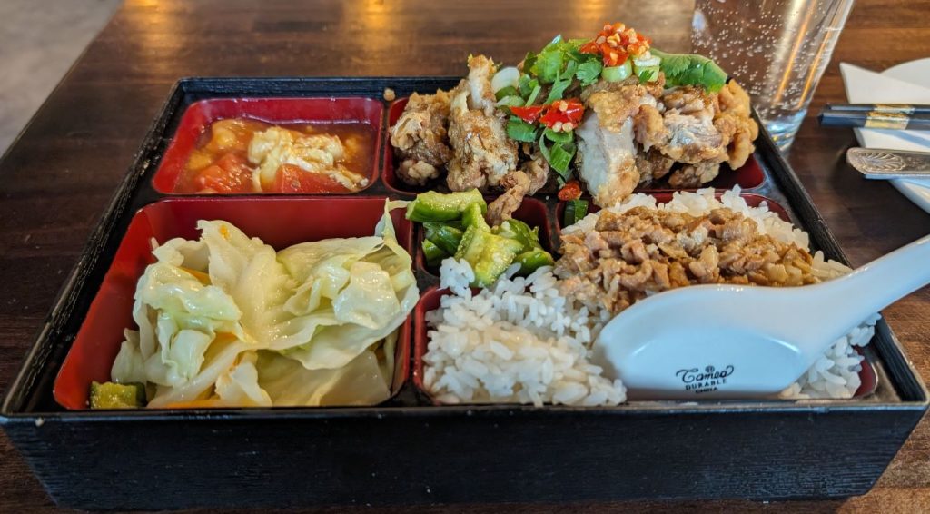 Bento with chicken, braised pork over rice, cabbage, and tomato egg