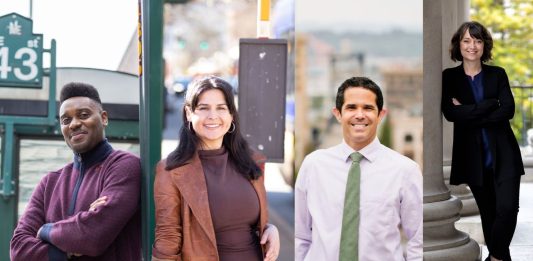 Scott and Rinck pose at bus stops. Mello is on a downtown Tacoma street. Bateman is leaning on a marble column at the state capitol.