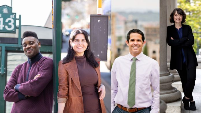 Scott and Rinck pose at bus stops. Mello is on a downtown Tacoma street. Bateman is leaning on a marble column at the state capitol.