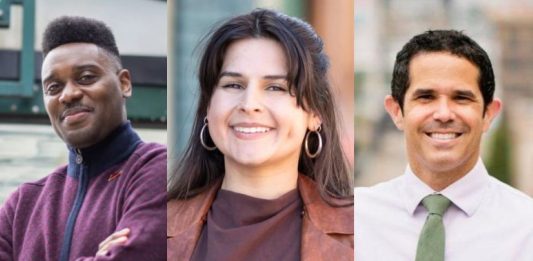 Shaun Scott is young black man posed with crossed arms and wears a purple sweater. Alexis Mercedes Rinks is a Latina woman wearing hoop earrings. Ryan Mello is a white man in a shirt and tie.