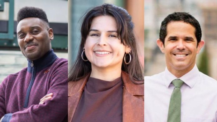 Shaun Scott is young black man posed with crossed arms and wears a purple sweater. Alexis Mercedes Rinks is a Latina woman wearing hoop earrings. Ryan Mello is a white man in a shirt and tie.