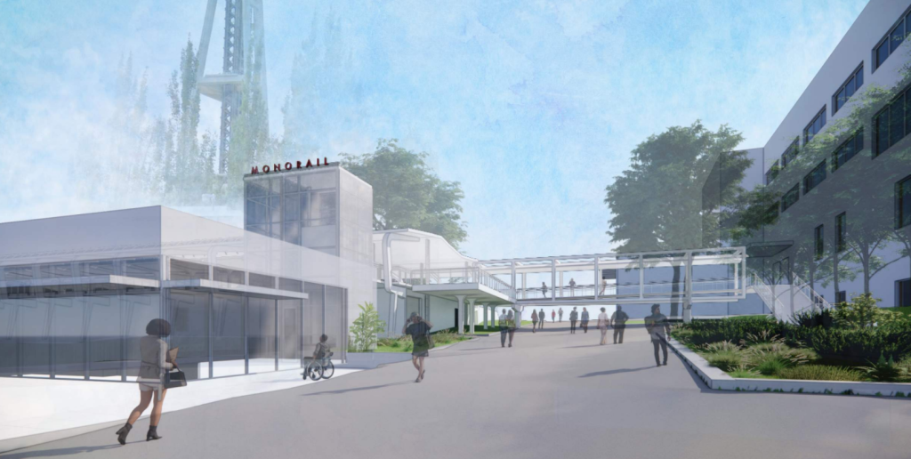 Rendering looking toward the Space Needle from the north, with new elevator and monorail branding