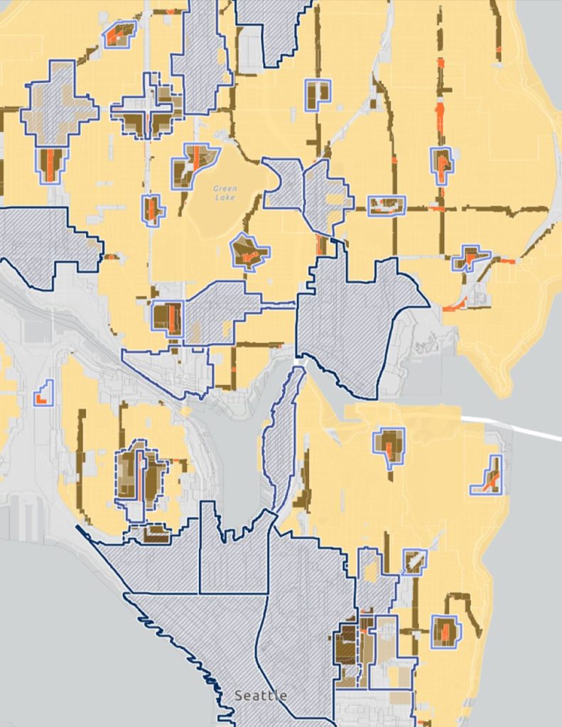 A cross section of Seattle in the central core, not showing the south or far north.