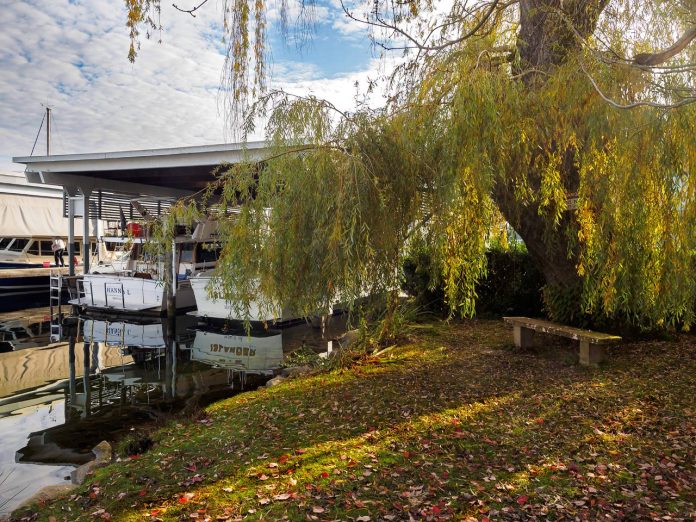 A small marina provides the backdrop.