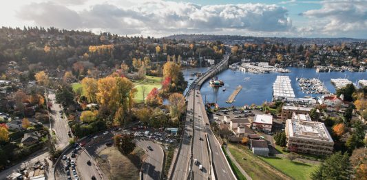 A view over Montlake from a drone looking toward North Capitol Hill on a beautiful day