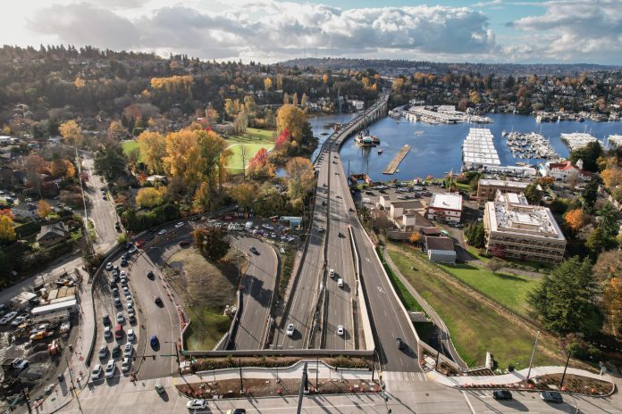 A view over Montlake from a drone looking toward North Capitol Hill on a beautiful day