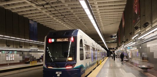 A Link train at Pioneer Square that reads Angle Lake on its headsign