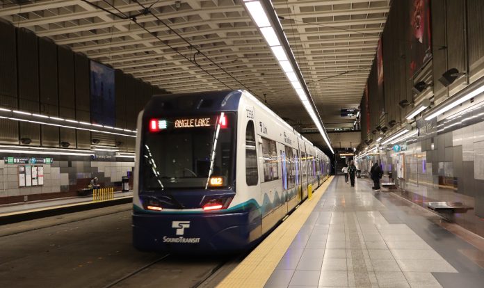 A Link train at Pioneer Square that reads Angle Lake on its headsign