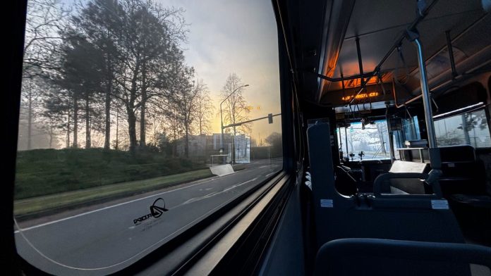 Sunset out of an Intercity Transit bus window in Thurston County.