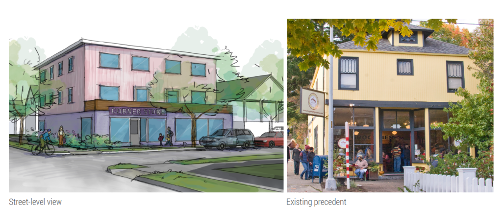 On the left is a rendering of a corner store that One Seattle proposes to allow. On the right is a photo of the Volunteer Park neighborhood cafe.