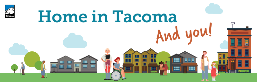 A clipart-style graphic shows townhomes and a variety of residents