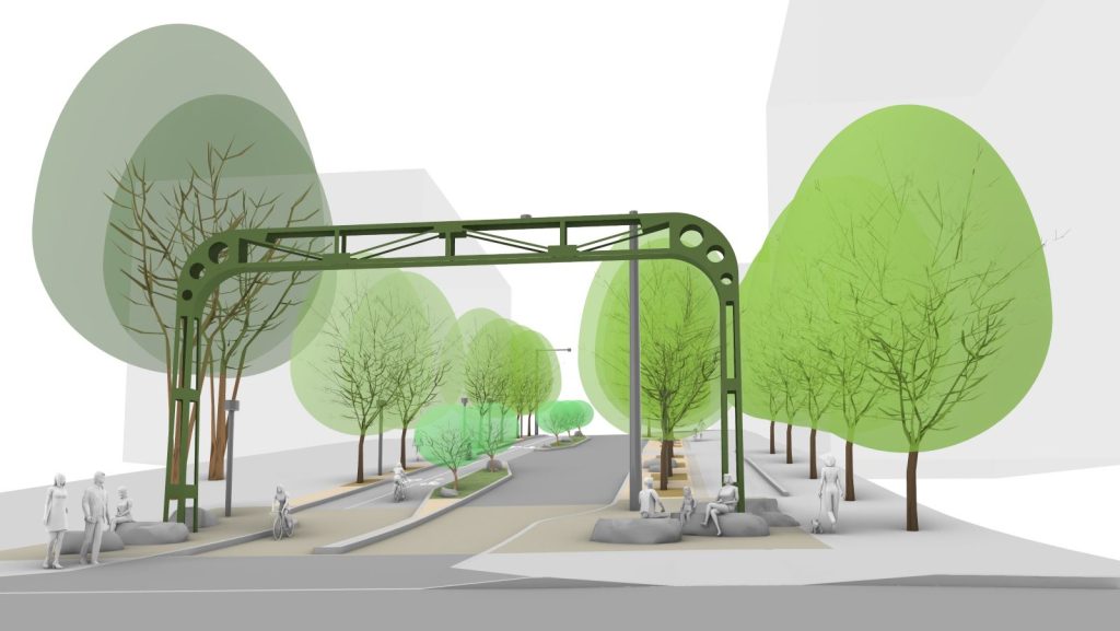 A rendering shows a line of trees on either site of a the street, a two-way protected bike lane on the west side and a car lane down the middle. Rocks provides some seating at the foot of the highway sign.