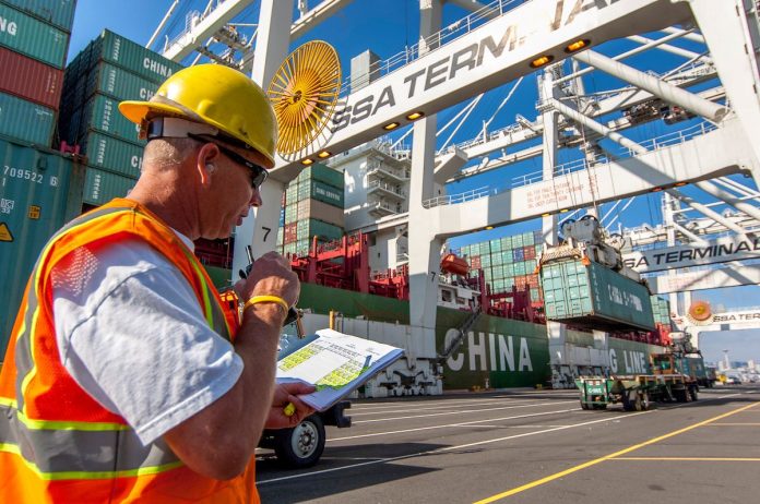 A cargo checker in a yellow hardhat looks at a clipboard with a stack of shipping bins and big crane in the background,