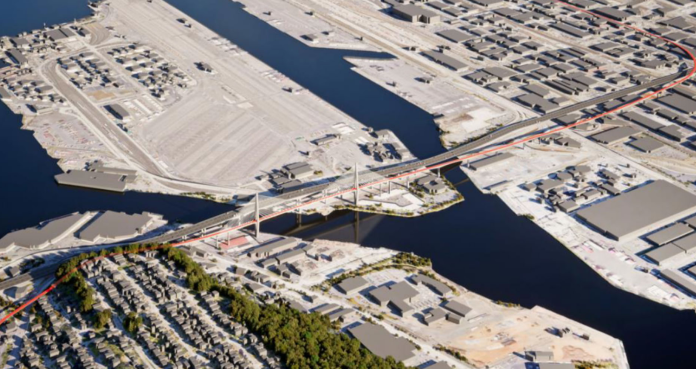 An aerial image shows the new light rail bridge over the Duwamish River to West Seattle Junction.