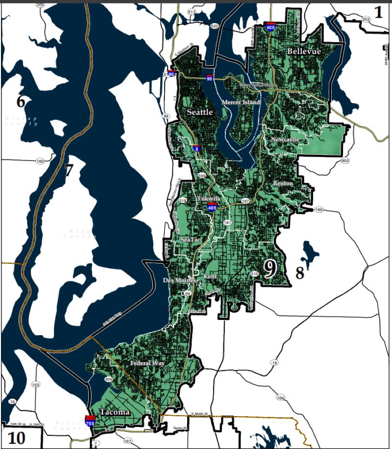 The 9th CD includes Fife, Federal Way, Des Moines, Kent, Renton, Tukwila, SeaTac, Southeast Seattle, Newcastle, Mercer Island and much of Bellevue.