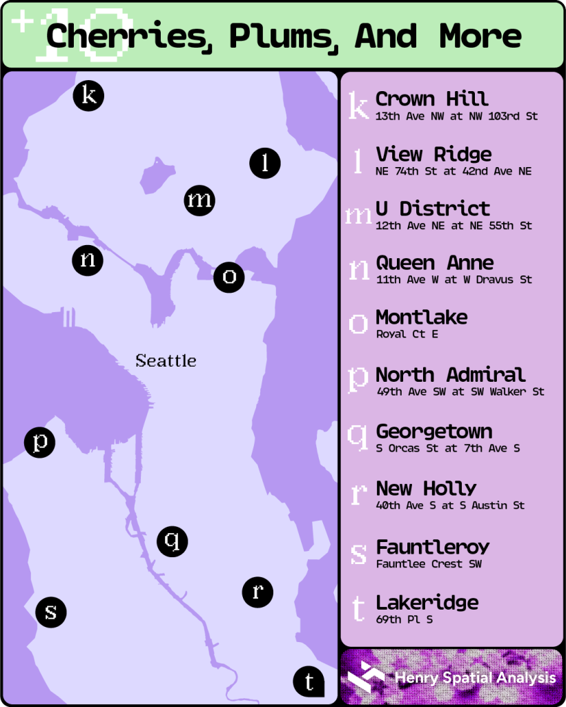 The ten streets highlighted for prunus blossoms are Crown Hill (13th Ave NW at NW 103rd St), View Ridge (NE 74th St at 42nd Ave NE), U District (12th Ave NE at NE 55th St), Queen Anne (11th Ave W at W Dravus St), Montlake's Royal Ct E, North Admiral (49th Ave SW at SW Walker St), Georgetown (S Orcas St at 7th Ave S), New Holly (40th Ave S at S Austin St), Fauntleroy (Fauntleroy Crest SW), Lakeridge's 69th Pl S.