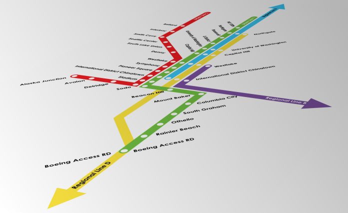 A vision map separates Sound Transit nearly 120-mile planned light rail system into regional commuter lines and more frequent urban lines.